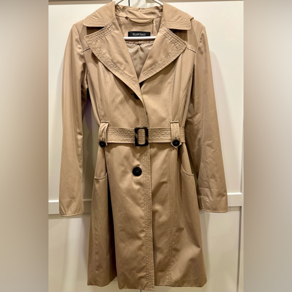 Ellen Tracy Mini-Trench with Belted Waist and Detachable Hood
